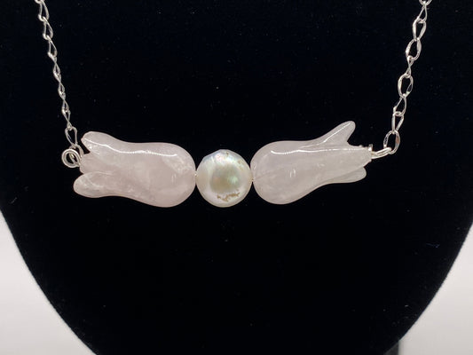 Rose Quartz Flowers and Pearl Necklace