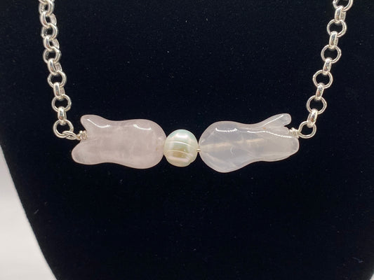 Rose Quartz Flowers and Pearl Necklace
