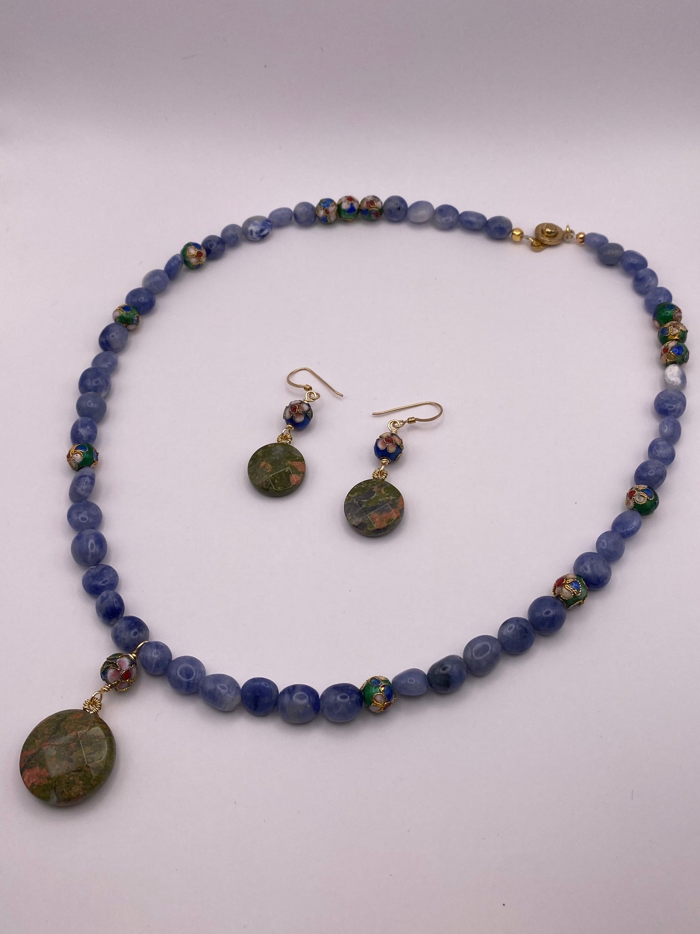 Sodalite Pebble Necklace with Unakite Jasper Pendant and Matching Earrings
