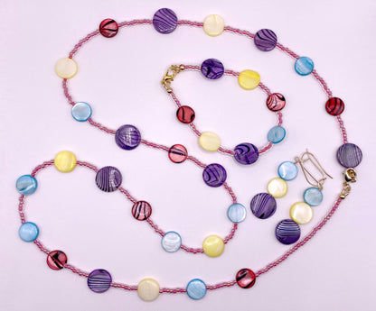 Dyed Shell and Glass Beaded Necklace, Bracelet and Earring Set