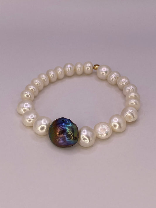 Potato Pearl Bracelet with Abalone Coin