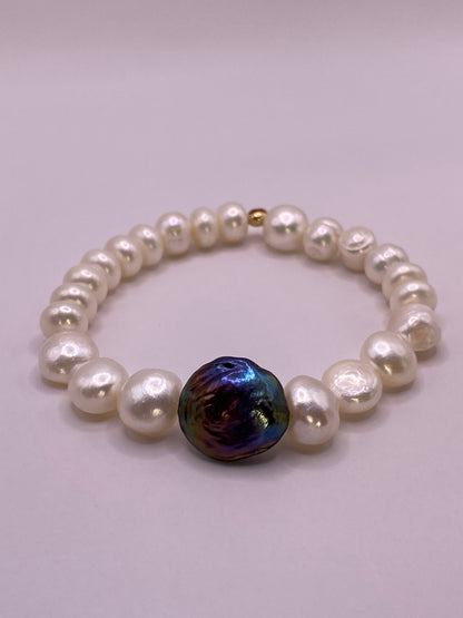 Potato Pearl Bracelet with Abalone Coin