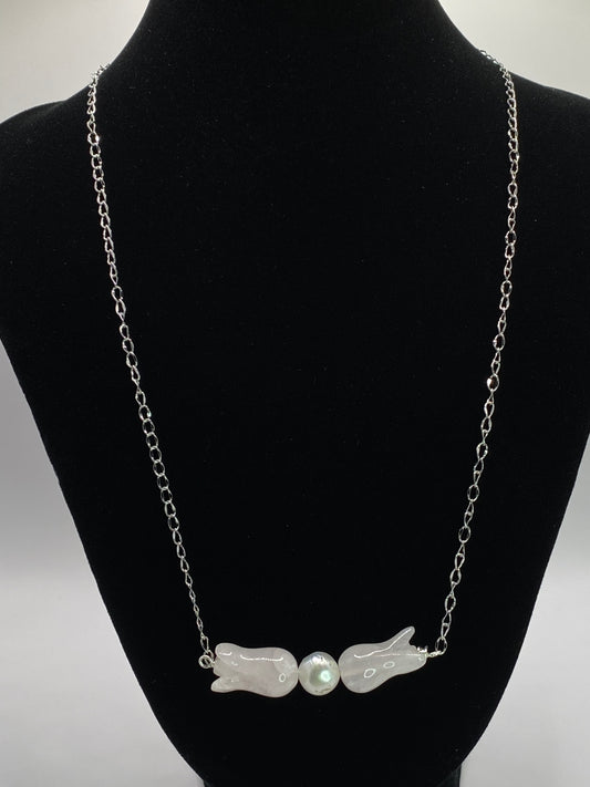 Rose Quartz Flowers and Pearl Necklace