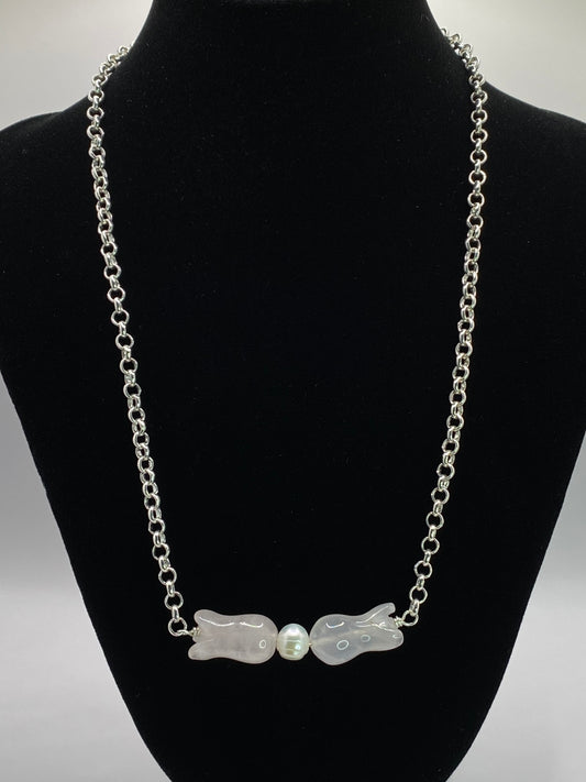 Rose Quartz Flowers and Pearl Necklace