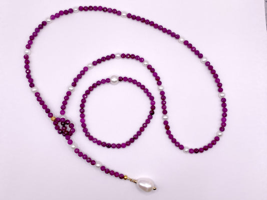 Ruby and Pearl Necklace and Bracelet Set