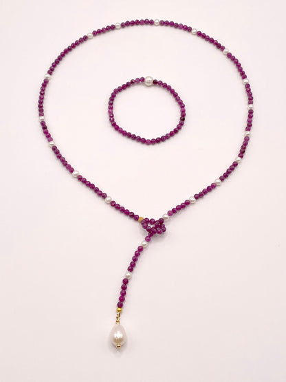 Ruby and Pearl Necklace and Bracelet Set