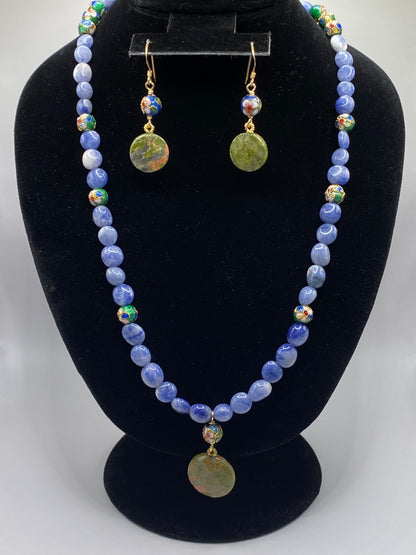 Sodalite Pebble Necklace with Unakite Jasper Pendant and Matching Earrings