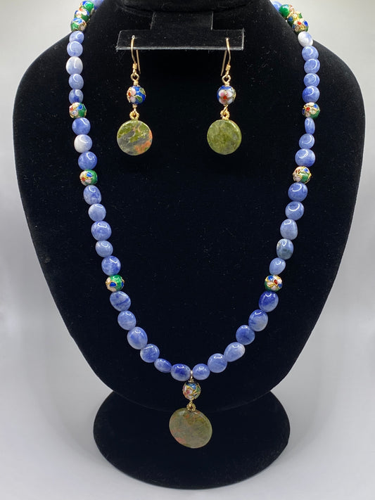 Sodalite Pebble Necklace with Unakite Jasper Pendant and Matching Earrings