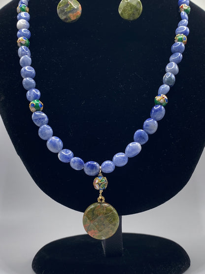 Sodalite Pebble Necklace with Unakite Jasper Pendant and Matching Earrings