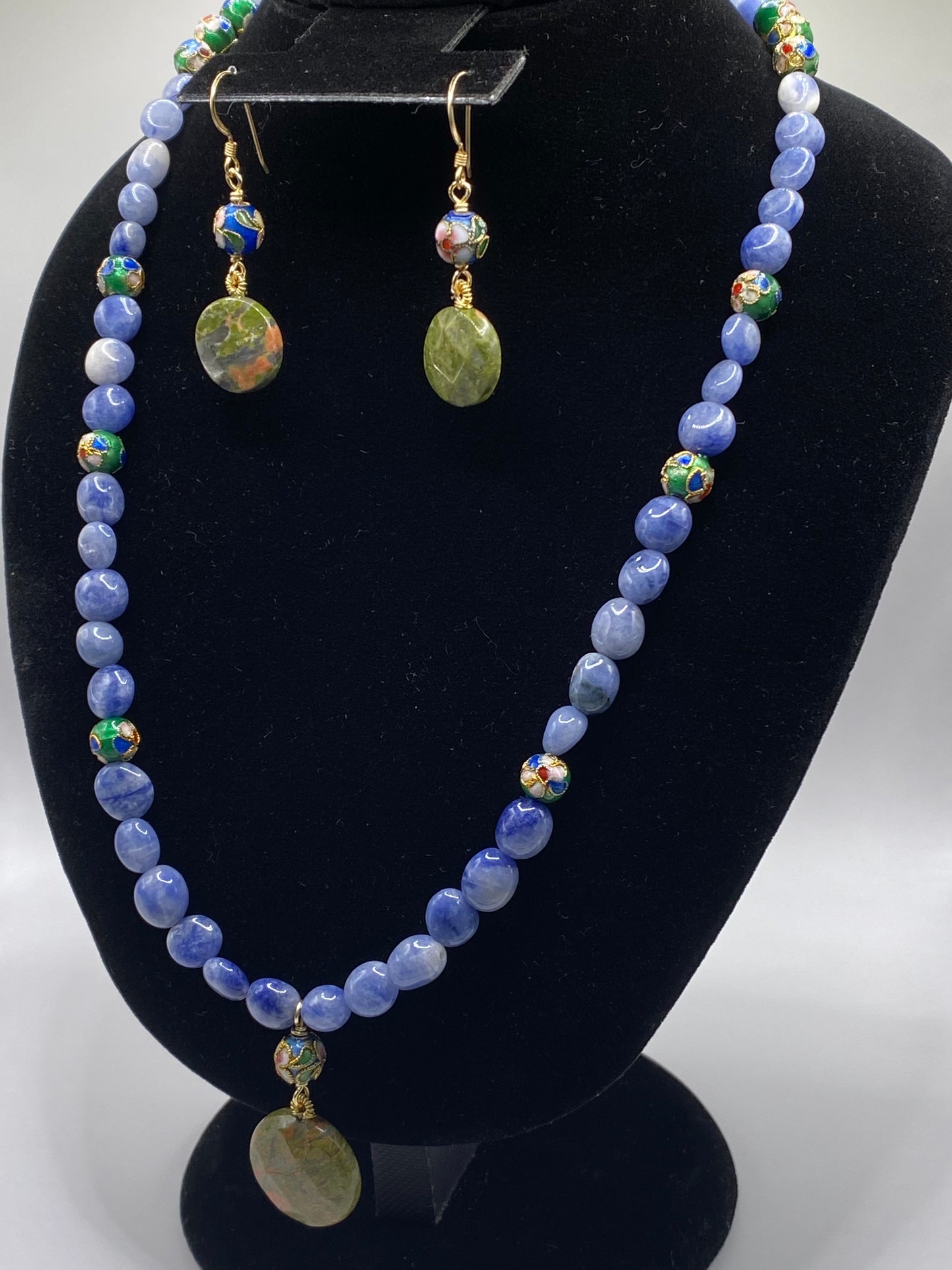 Sodalite Pebble Necklace with Unakite Jasper Pendant and Matching Earrings