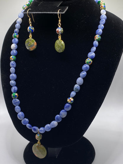 Sodalite Pebble Necklace with Unakite Jasper Pendant and Matching Earrings