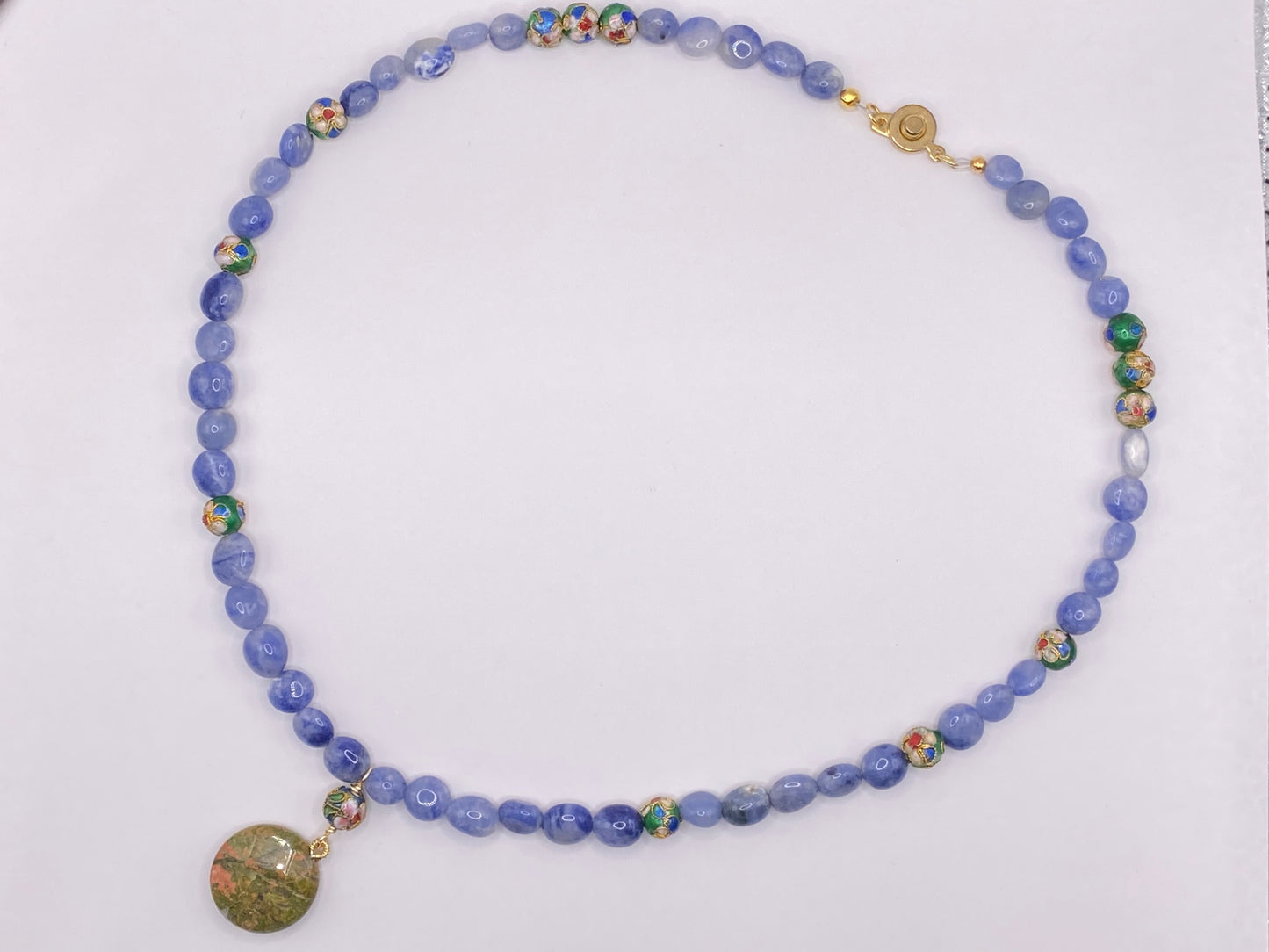 Sodalite Pebble Necklace with Unakite Jasper Pendant and Matching Earrings