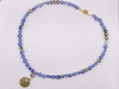 Sodalite Pebble Necklace with Unakite Jasper Pendant and Matching Earrings