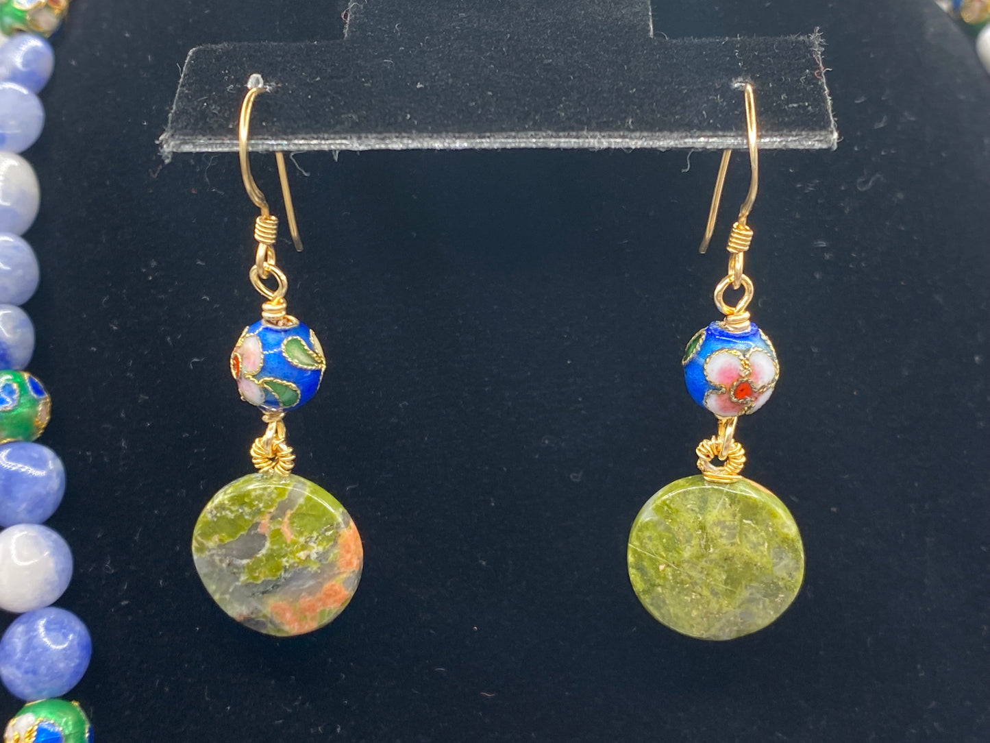 Sodalite Pebble Necklace with Unakite Jasper Pendant and Matching Earrings