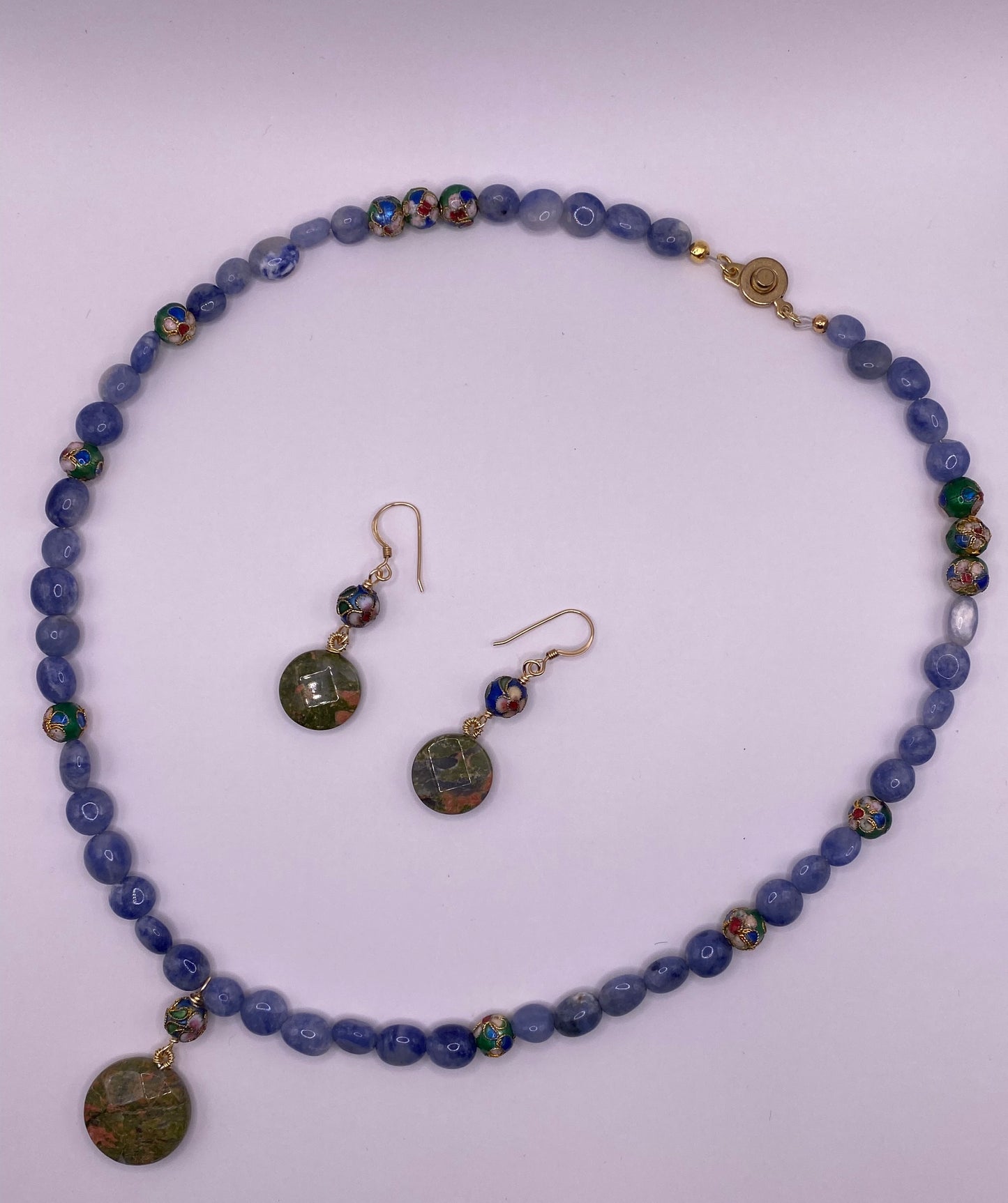 Sodalite Pebble Necklace with Unakite Jasper Pendant and Matching Earrings