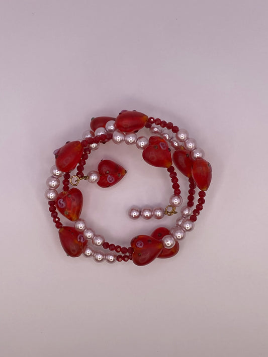 Glass Floral Hearts Wire Bracelet with Pearls and Crystals