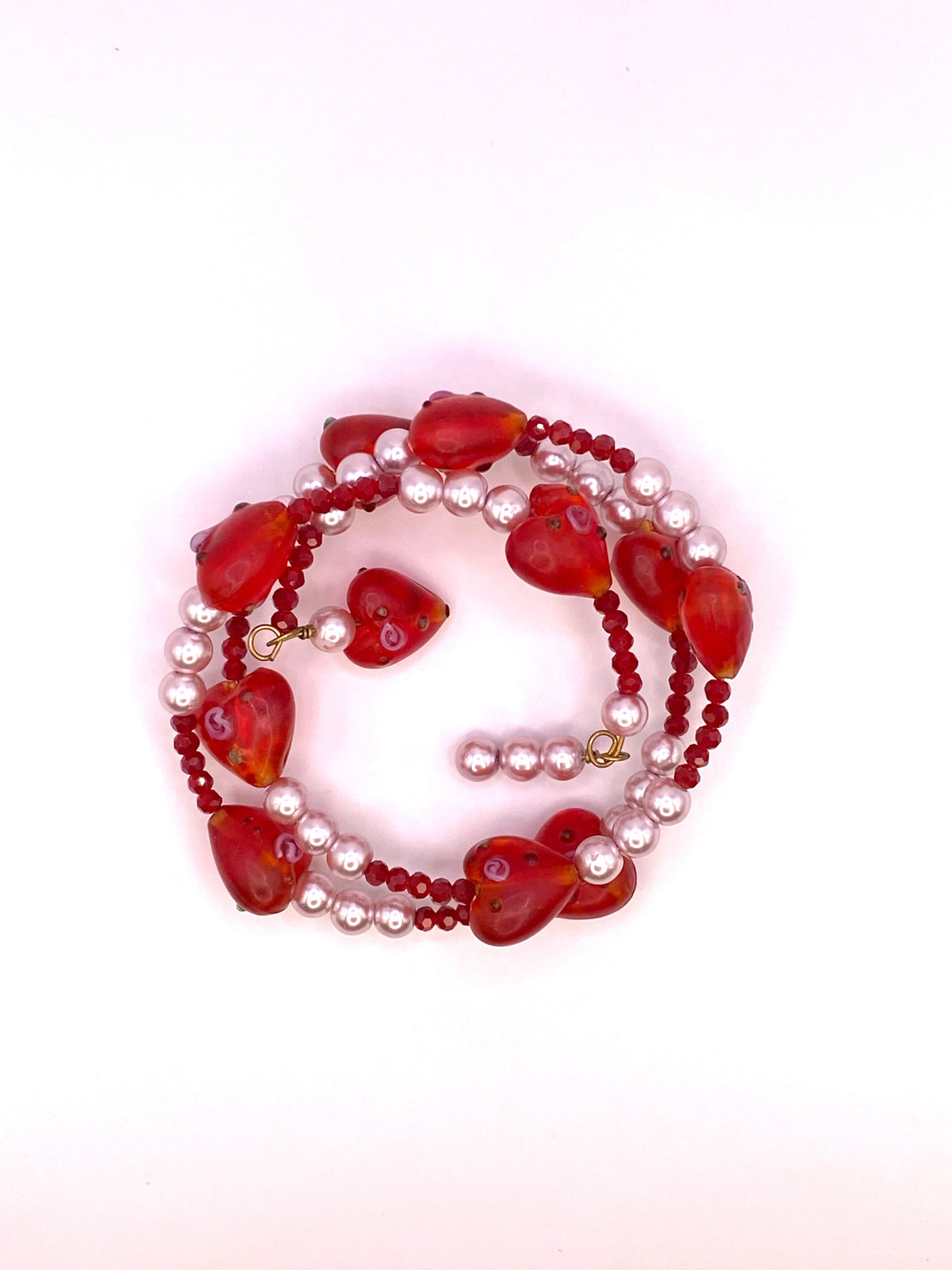 Glass Floral Hearts Wire Bracelet with Pearls and Crystals