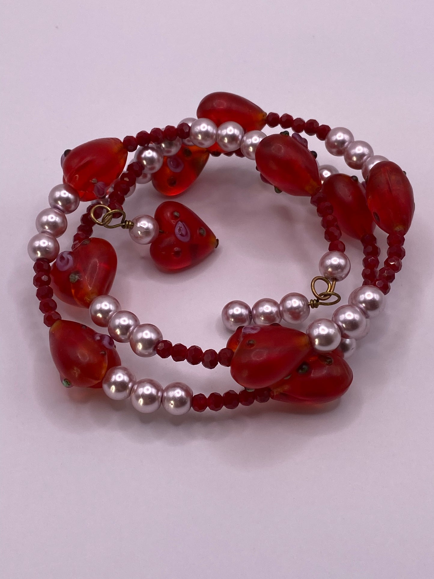 Glass Floral Hearts Wire Bracelet with Pearls and Crystals