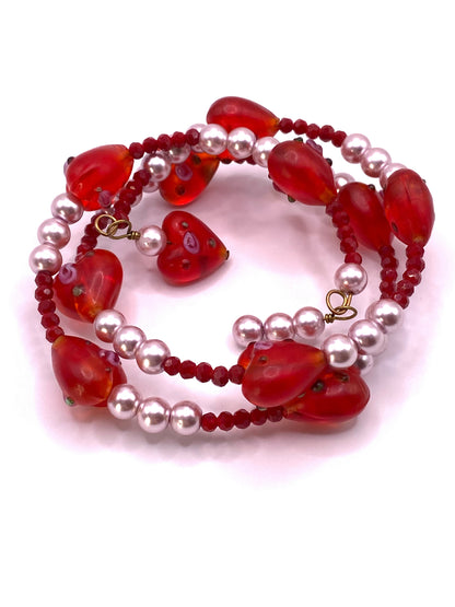Glass Floral Hearts Wire Bracelet with Pearls and Crystals