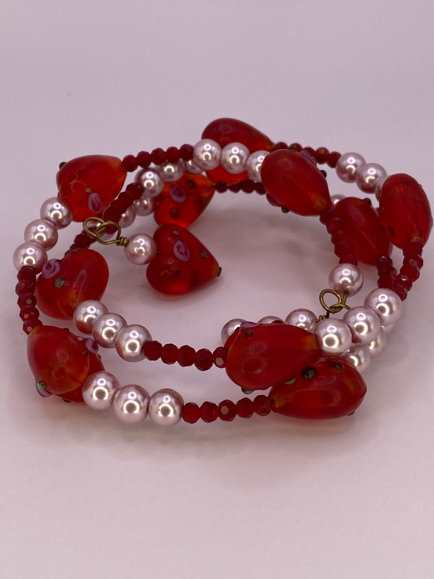 Glass Floral Hearts Wire Bracelet with Pearls and Crystals