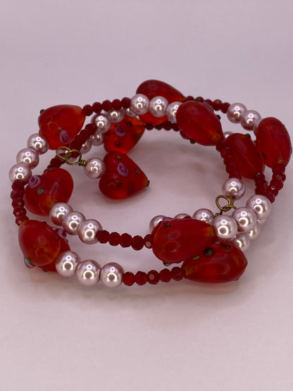Glass Floral Hearts Wire Bracelet with Pearls and Crystals