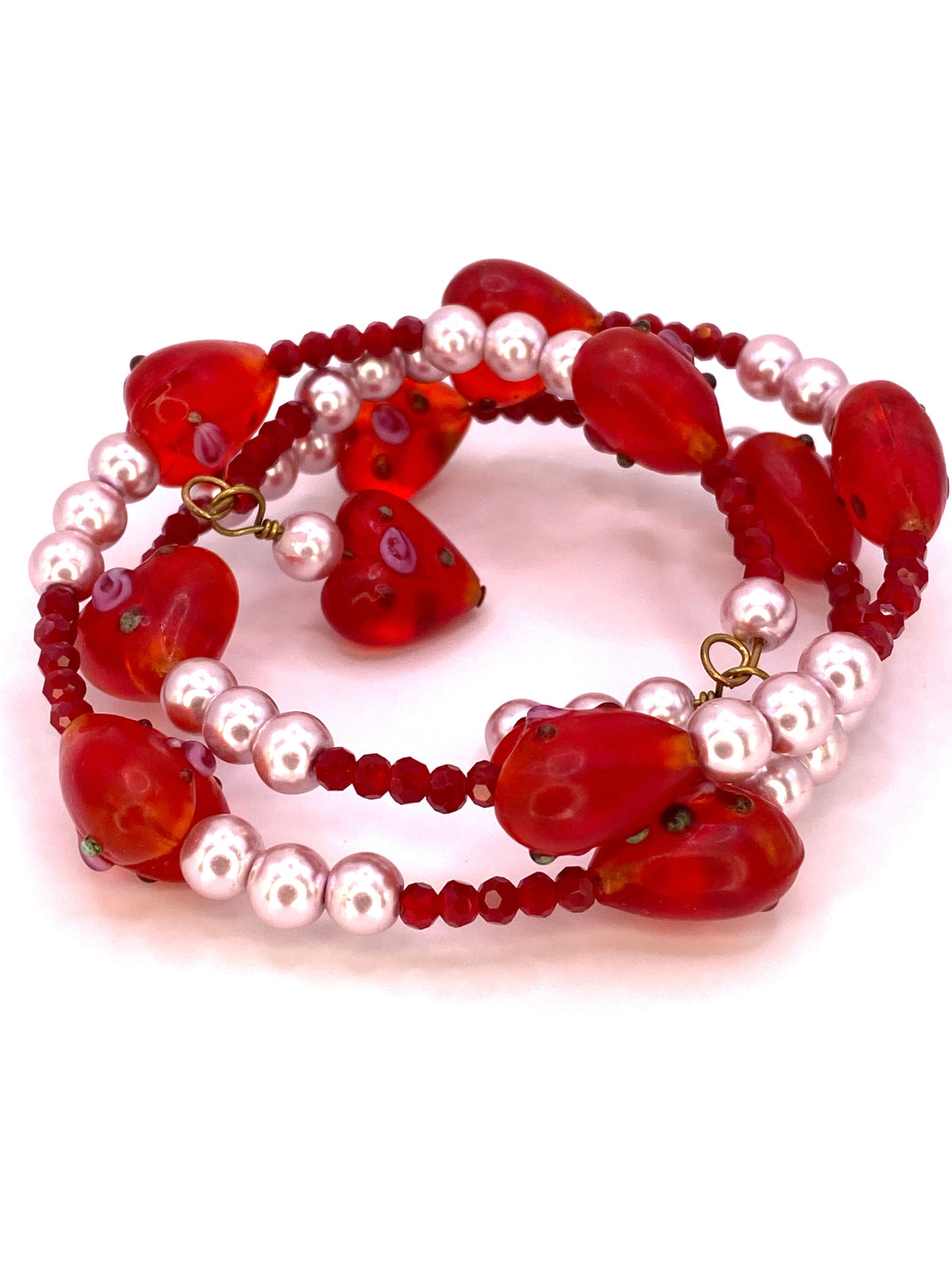 Glass Floral Hearts Wire Bracelet with Pearls and Crystals