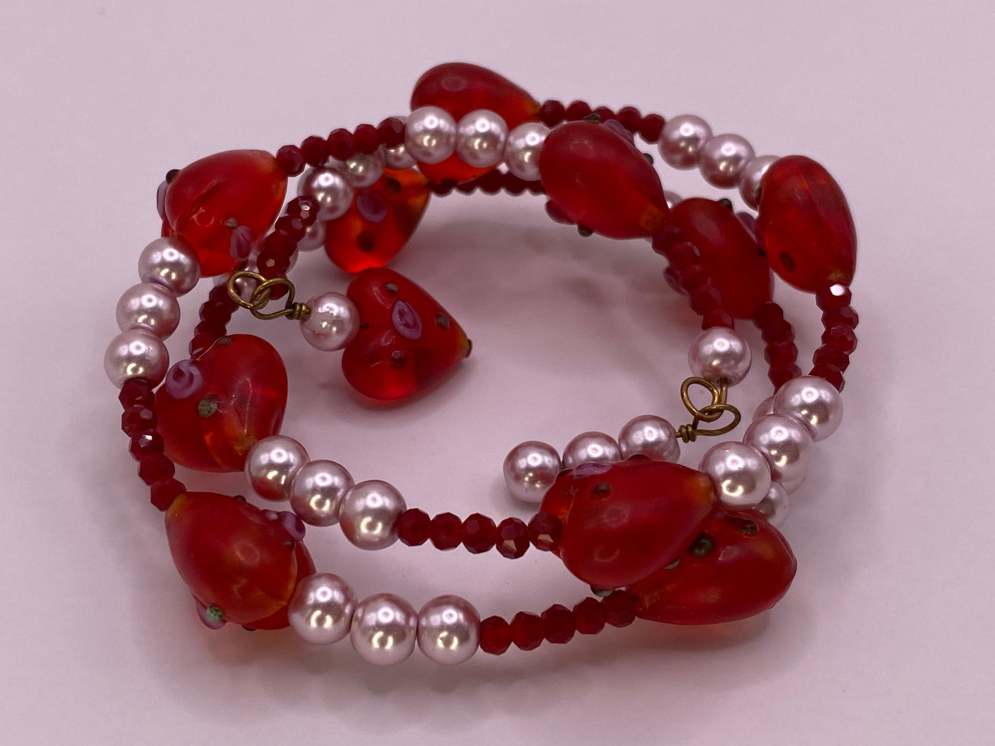 Glass Floral Hearts Wire Bracelet with Pearls and Crystals