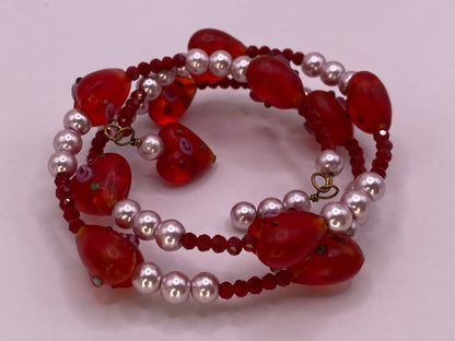Glass Floral Hearts Wire Bracelet with Pearls and Crystals