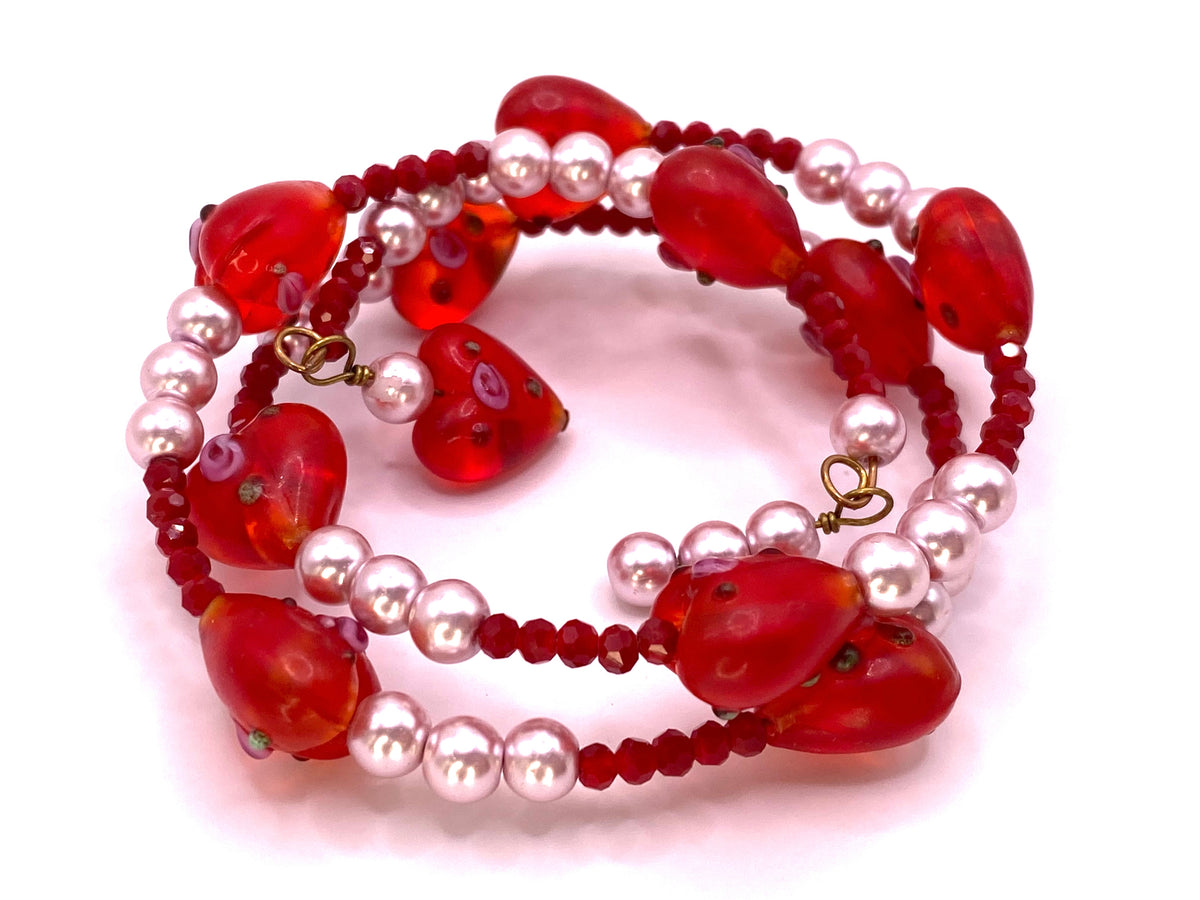 Glass Floral Hearts Wire Bracelet with Pearls and Crystals