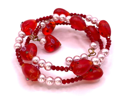 Glass Floral Hearts Wire Bracelet with Pearls and Crystals